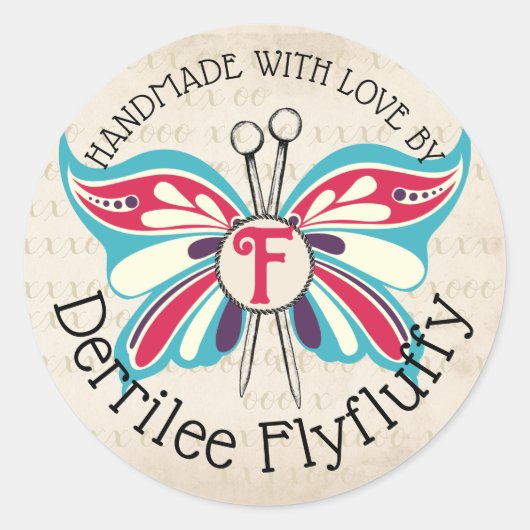 蝶の編み物針ステッカーで手作り ラウンドシール (正面)