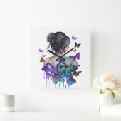 蝶の美しい水彩女性 スクエア壁時計 (ホーム)