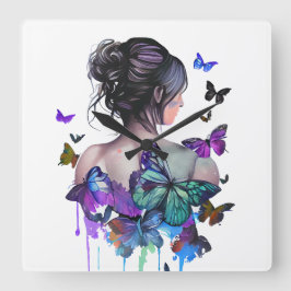 蝶の美しい水彩女性 スクエア壁時計