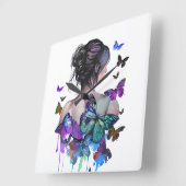 蝶の美しい水彩女性 スクエア壁時計 (傾斜)