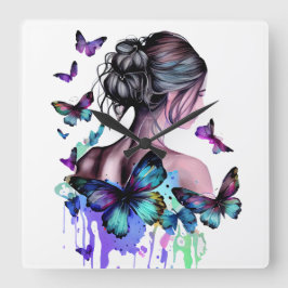 蝶の美しい水彩女性 スクエア壁時計