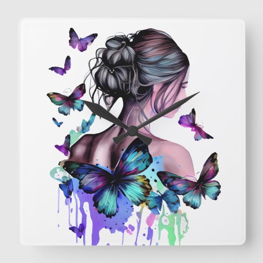 蝶の美しい水彩女性 スクエア壁時計 (正面)