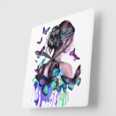 蝶の美しい水彩女性 スクエア壁時計 (傾斜)