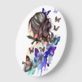 蝶の美しい水彩女性 ラージ壁時計 (傾斜)
