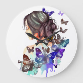蝶の美しい水彩女性 ラージ壁時計