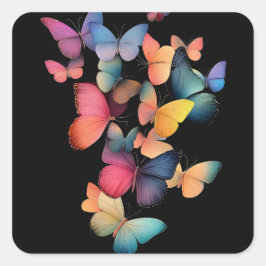 蝶の群れ – レインボーカラフルオンブラック スクエアシール