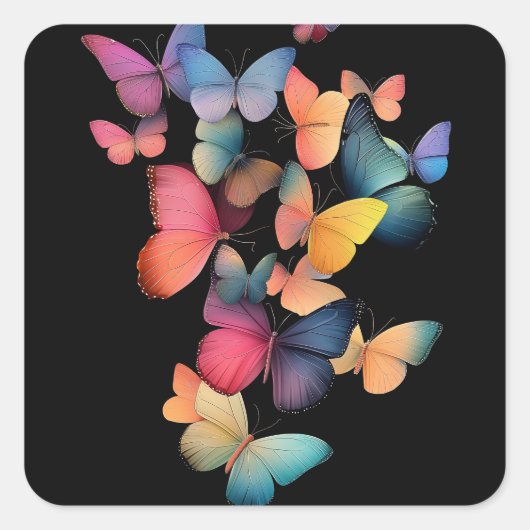蝶の群れ – レインボーカラフルオンブラック スクエアシール (正面)