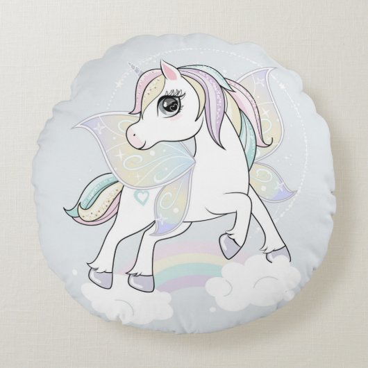 蝶の羽を持つユニコーン ラウンドクッション (正面)