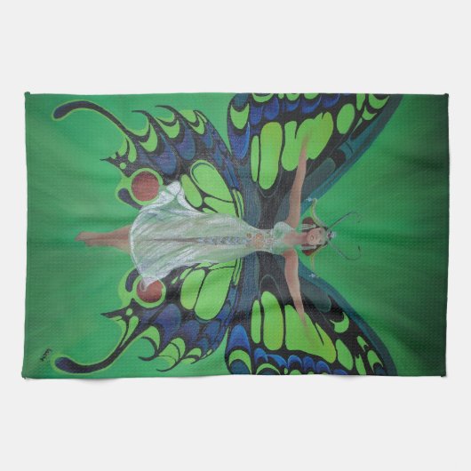 蝶の羽を身に着けたジャズエイジショーガールフラッパー キッチンタオル (横)