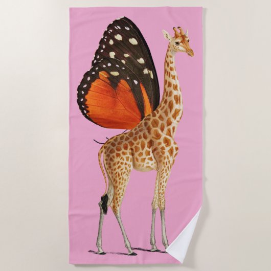 蝶の翼のキリン（ピンクのbkgrd） ビーチタオル (正面)