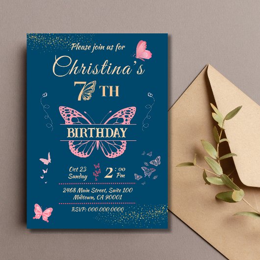 蝶の翼7th誕生日の青の色の招待 招待状