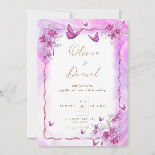 蝶の花が咲くピンク結婚の花 招待状 (正面)