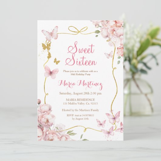 蝶の花と金ゴールドグリッター甘い16 招待状 (スタンド正面)