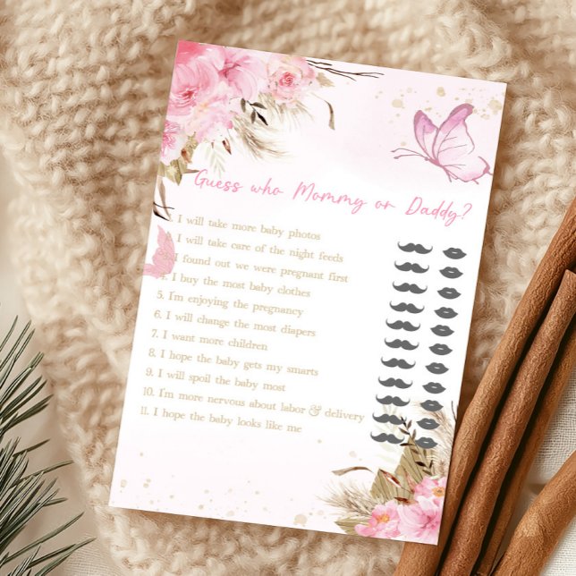 蝶の花のママかパパか当てっこゲーム (Pink Butterfly Baby Shower Guess Who Mommy or Daddy Game)