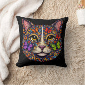 蝶の花の色の猫の肖像 猫の母 黒 クッション (ブランケット)