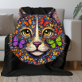 蝶の花の色の猫の肖像 猫の母 黒 フリースブランケット