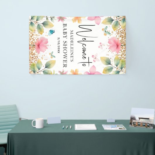 蝶の花ピンクの赤ちゃんシャワーへようこそ 横断幕 (トレードショー)