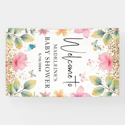 蝶の花ピンクの赤ちゃんシャワーへようこそ 横断幕 (横)