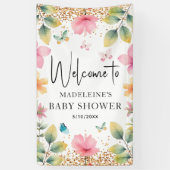 蝶の花ピンクの赤ちゃんシャワーへようこそ 横断幕 (縦)