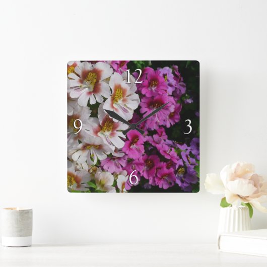 蝶の花ホワイトピンクと紫 スクエア壁時計 (ホーム)