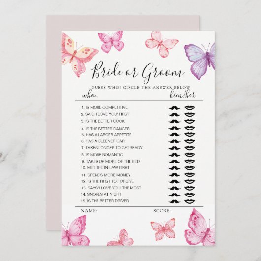 蝶の花嫁または花婿ゲームの完全に編集可能なカード 招待状 (正面/裏面)