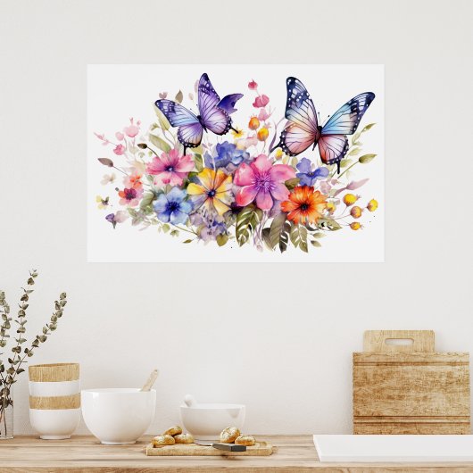 蝶の花柄 ポスター (キッチン)