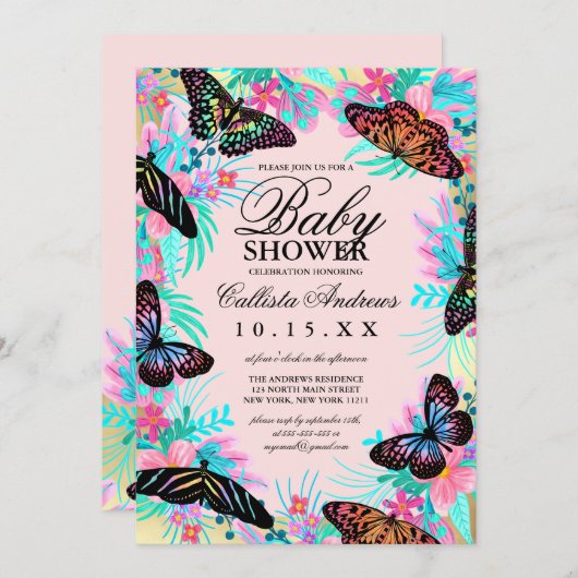 蝶の花離れ類水彩赤ちゃんシャワー 招待状 (正面/裏面)