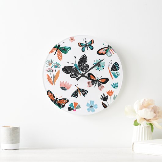 蝶の花:手描きコレクション ラージ壁時計 (ホーム)