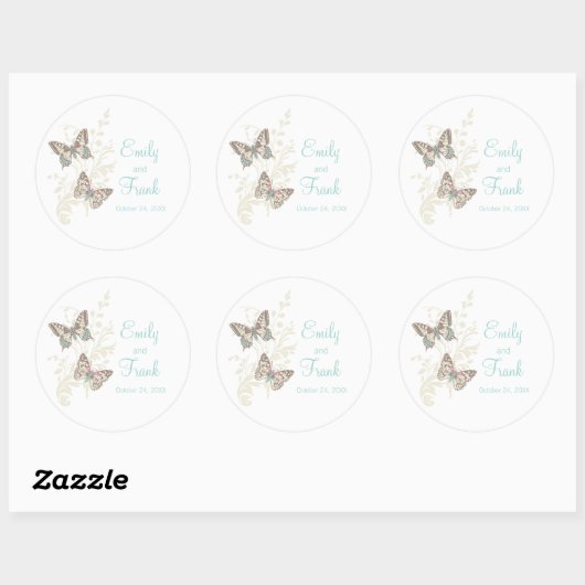 蝶の茶色のアクアピンク結婚のステッカー ラウンドシール (シート)