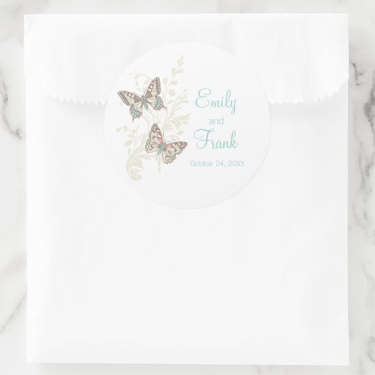 蝶の茶色のアクアピンク結婚のステッカー ラウンドシール (バッグ)