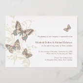 蝶の茶色の結婚金ゴールドのリハーサル 箔招待状 (裏面)