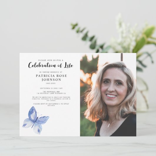 蝶の葬儀お祝いの人生の写真 招待状 (スタンド正面)