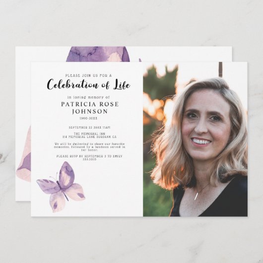 蝶の葬儀お祝いの人生の写真Invita 招待状 (正面/裏面)