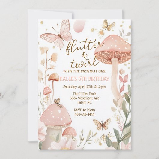 蝶の誕生日の招待フェアリーピンクの誕生日 招待状 (正面)