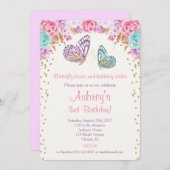 蝶の誕生日の招待、ピンクの紫の金ゴールド 招待状 (正面/裏面)