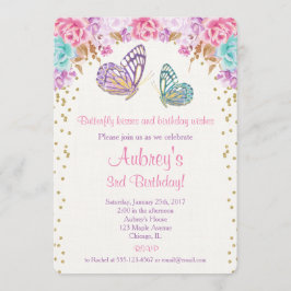 蝶の誕生日の招待、ピンクの紫の金ゴールド 招待状