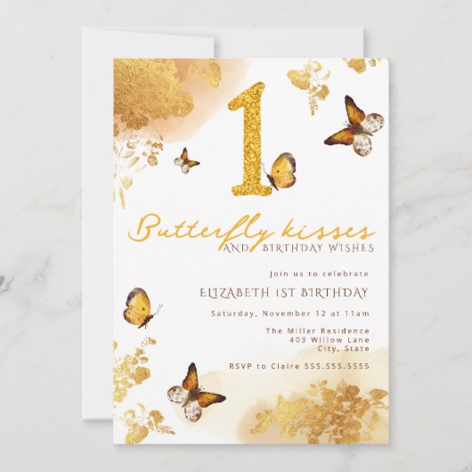 蝶の誕生日パーティーの招待状 招待状 (正面)