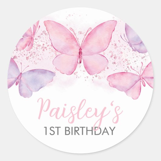 蝶の誕生日パーティーカップケーキスティッカーガール1st ラウンドシール (正面)