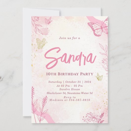 蝶の誕生日パーティー 編集可能な招待状 招待状 (正面)