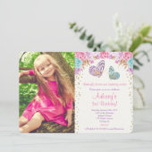 蝶の誕生日ピンクの金ゴールド紫の写真 招待状 (スタンド正面)