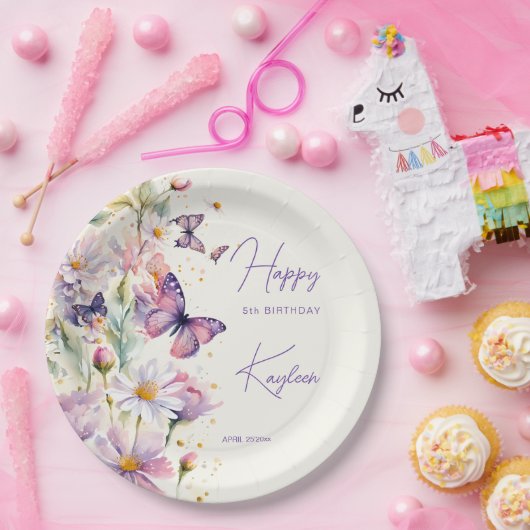 蝶の誕生日ラベンダーパープル印刷 ペーパープレート (パーティー)
