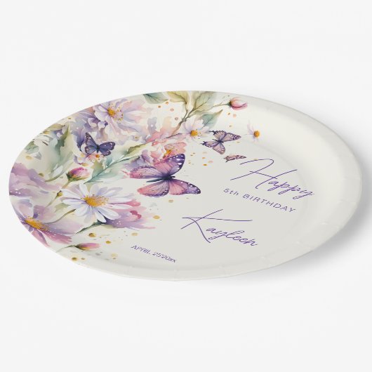 蝶の誕生日ラベンダーパープル印刷 ペーパープレート (アングル)