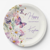 蝶の誕生日ラベンダーパープル印刷 ペーパープレート (正面)