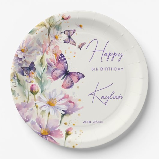 蝶の誕生日ラベンダーパープル印刷 ペーパープレート (正面)