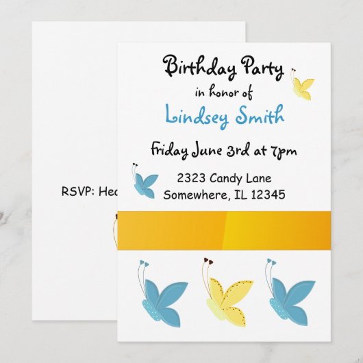 蝶の誕生日招待状 招待状 (正面/裏面)