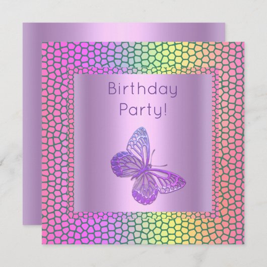 蝶の誕生日招待状 明るい色 招待状 (正面/裏面)