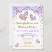蝶の誕生日招待状、紫の金ゴールドの女の子 招待状 (正面)