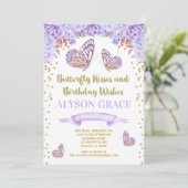 蝶の誕生日招待状、紫色の金色の女の子 招待状 (スタンド正面)