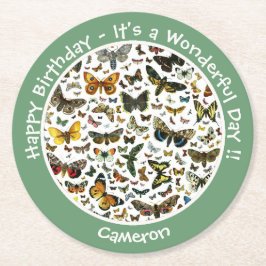 蝶の誕生日、パーティーのコラージュのアイテム ラウンドペーパーコースター