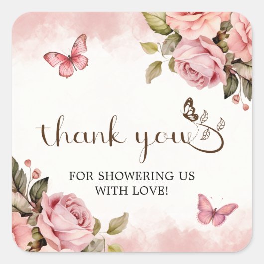蝶の赤ちゃんシャワーありがとう スクエアシール (正面)